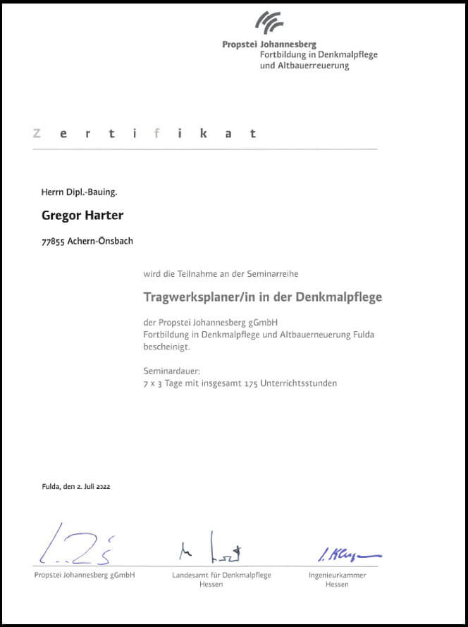 ZERTIFIKATdenkmalpflege Ingenieurbüro Harter - Zertifikat Tragwerksplaner in der Denkmalpflege